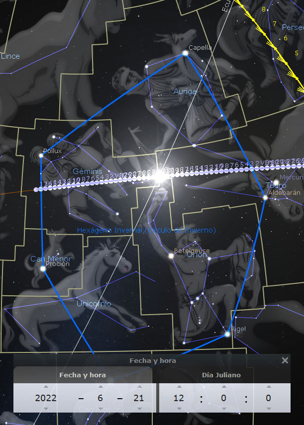 Imagen digital que muestra una representación celestial nocturna con constelaciones y estrellas nombradas científicamente. Se destacan líneas azules conectando las estrellas para formar figuras, incluyendo constelaciones como Auriga, Géminis y Tauro. En la parte inferior de la imagen se visualiza información sobre fecha y tiempo astronómico, indicando el 21 de junio de 2022.