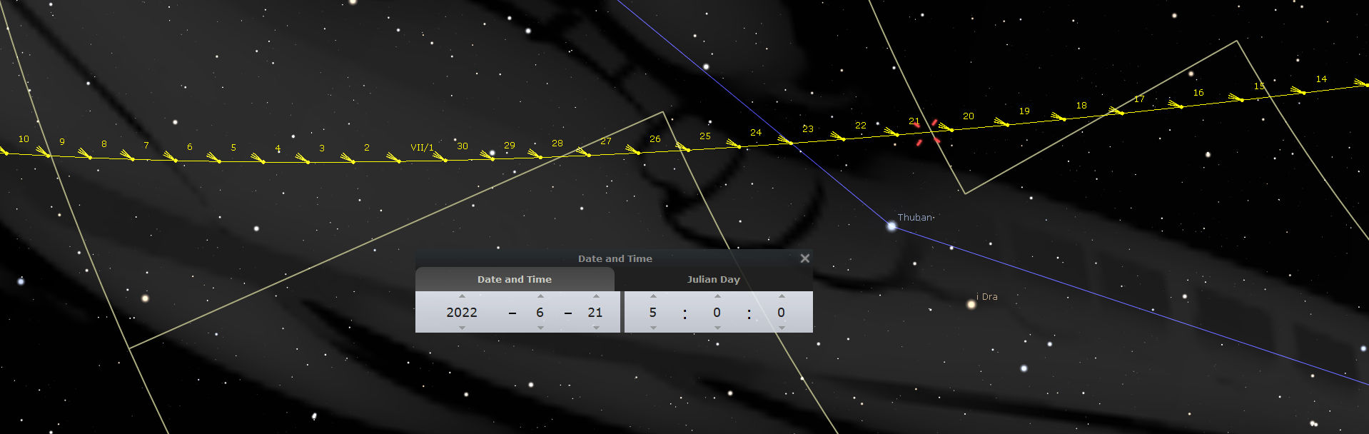A digital astronomical illustration displaying a starry night sky with overlays of yellow markers and lines indicating celestial alignments and positions on June 21, 2022. A highlighted path across the sky shows the progression of the Mazzaroth, with key points marked from dates June 10 to June 30. The interface shows a 'Date and Time' dialog box adjusting to June 21, 2022 at 5:00 AM, and a label identifying the star 'Thuban'.
