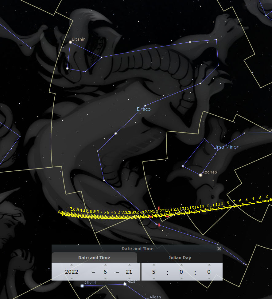 A detailed depiction of the celestial constellation Draco intertwined with segments of nearby constellations under a star-filled sky. The image includes lines that connect stars to outline the shapes of Draco and other constellations and annotations by star names such as Eltanin and Kochab. The interface at the bottom displays dates and times in numerical format, highlighting celestial navigation through software.