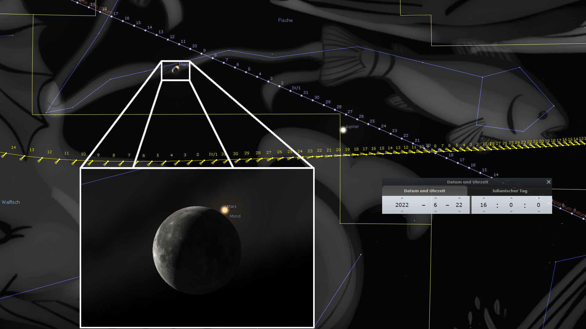 Darstellung einer astronomischen Software mit markierten Bahnen von Planeten wie Mars und Jupiter nahe dem Mond. Der Hintergrund enthält abstrakte Muster und Koordinatenlinien, sowie Darstellungen von Sternbildern, hier als 'Mazzaroth' bezeichnet.