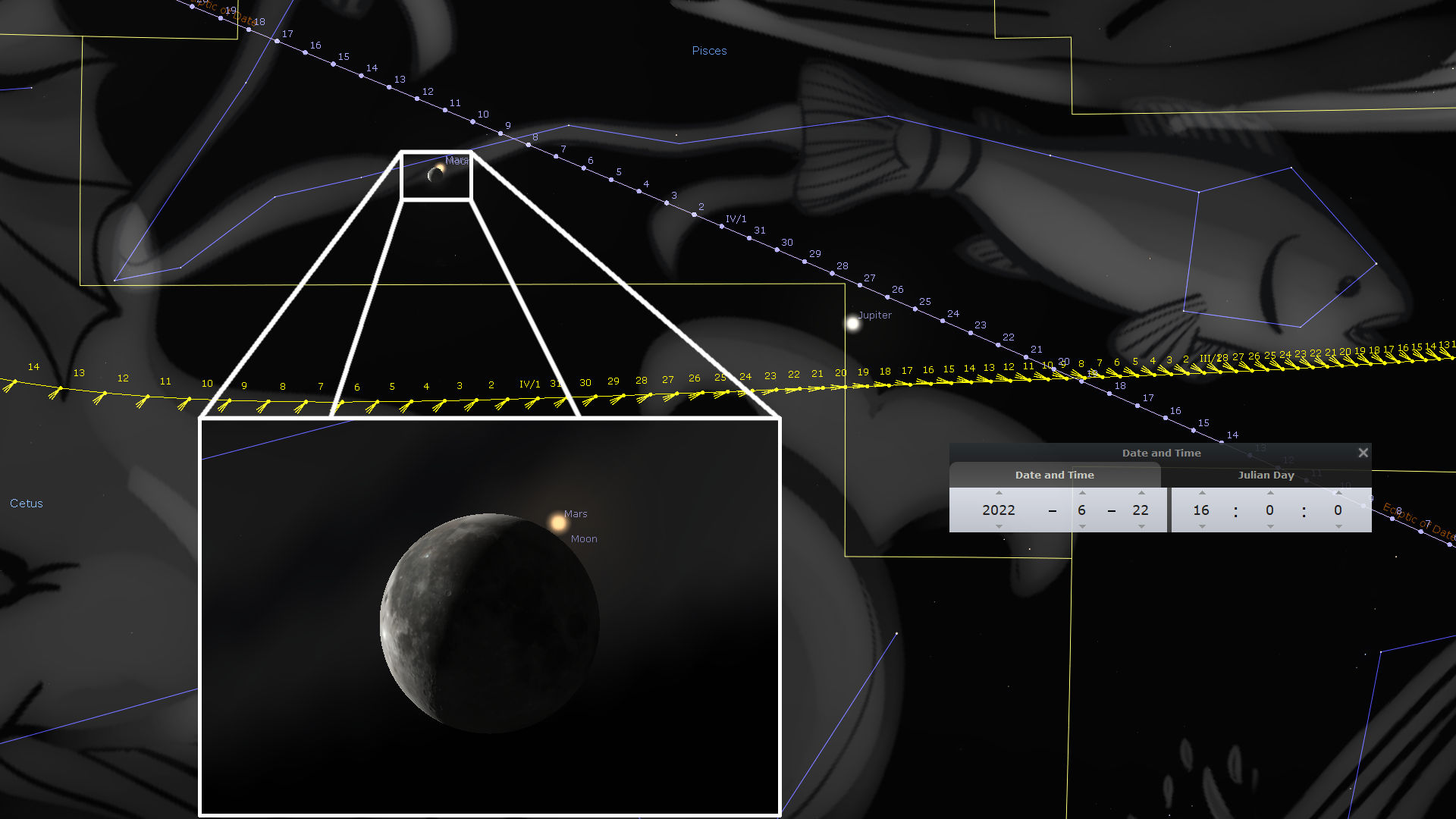 An astronomical software interface displaying a detailed celestial map with marked positions of celestial bodies, including Mars, Jupiter, and the Moon. The interface shows a graphical representation of their orbits, a timeline on the bottom, and calendar settings for specific observations set to June 22, 2022.