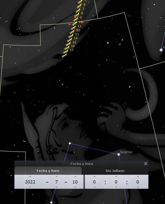 Representación gráfica del cielo nocturno mostrando una constelación con forma de figura humana sosteniendo una balanza, junto a anotaciones de fecha y hora en una interfaz de programa astronómico.