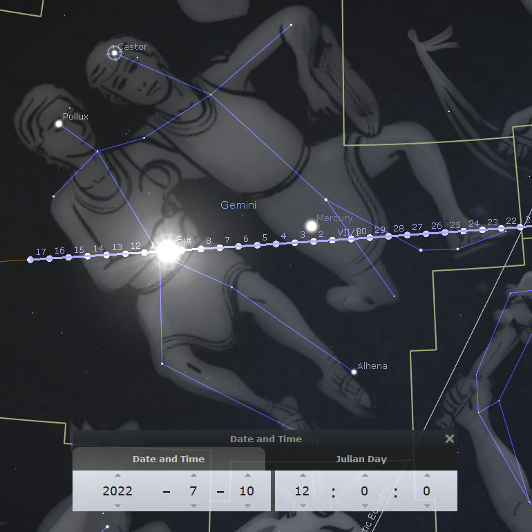 An astronomical software depicts a constellation from the Mazzaroth. Twin human figures are illustrated with lines connecting visible stars to outline their forms, denoted as Castor and Pollux. Labels and planetary paths including nearby Mercury are visible, along with a timeline showing solar movement from July 6-17, 2022, and adjusting settings for precise celestial observations.