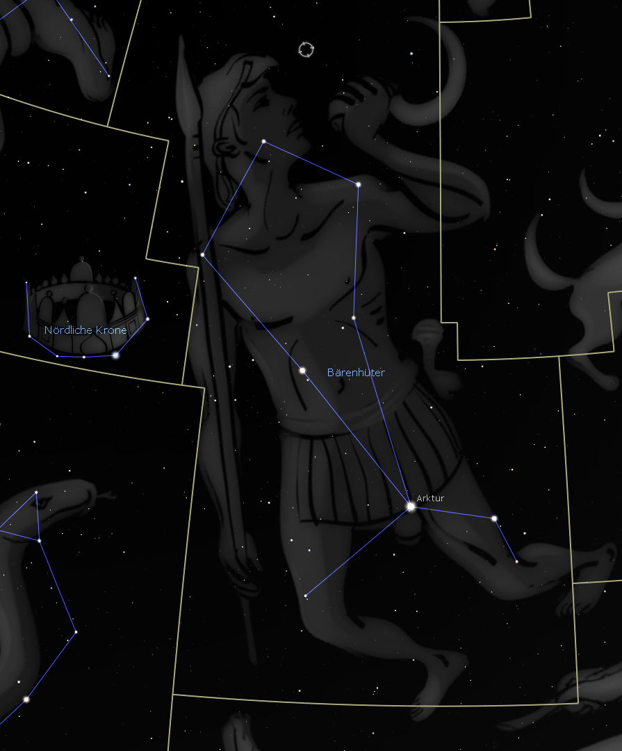 Illustration einer Figur aus der Mazzaroth im Sternbild, umgeben von Sternen, markiert mit wissenschaftlichen Namen und verbunden durch Linien, um die Konstellation zu formen. Elemente von anderen Sternbildern sind am Rand sichtbar.