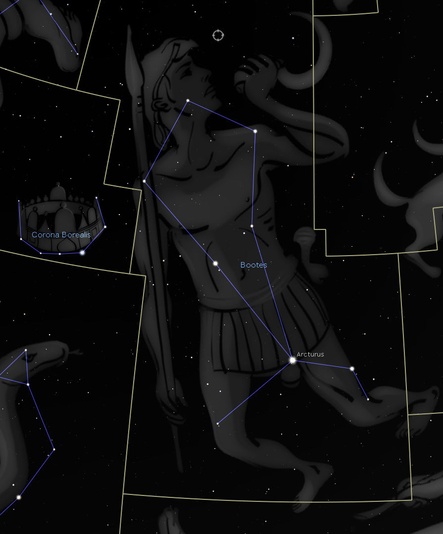 A digital illustration of a constellation from the Mazzaroth depicting a figure resembling an ancient shepherd or herdsman looking skyward, bordered by outlined shapes representing nearby constellations. The star Arcturus is highlighted at the figure’s knee.
