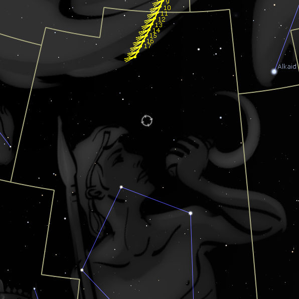 Una representación celestial que presenta una figura que evoca una escultura antigua, recortada contra un cielo estrellado. La figura parece observar un objeto circular brillante, rodeado de líneas punteadas y anotaciones numéricas que indican coordenadas celestes. Un conjunto de pequeños puntos radiantes, similares a estrellas, llena el espacio que rodea la figura.