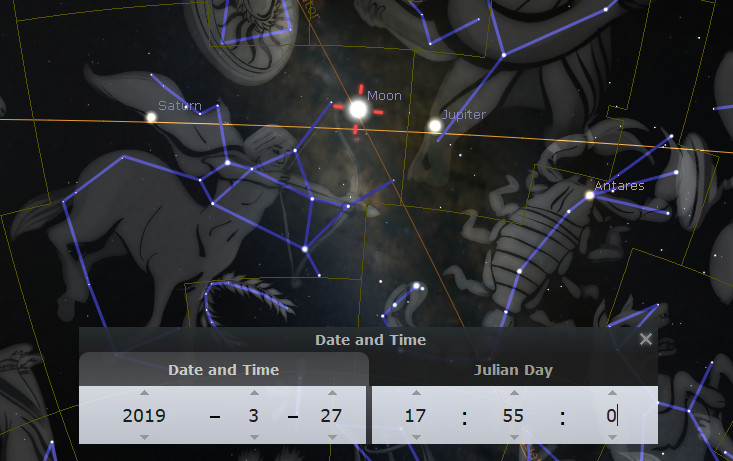 A digital astronomical illustration shows celestial bodies including Saturn, the Moon, and Jupiter aligned with the constellations depicted as figures from ancient art under a dark night sky. Several bright stars label each significant celestial body.