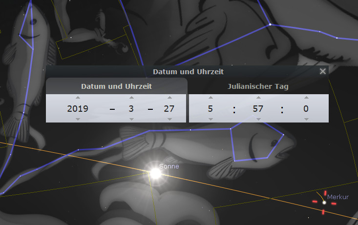 Dieses digitale Bild zeigt eine astronomische Darstellung mit stilisierten graphischen Bildnissen, die auf alte Beschreibungen des Mazzaroth deuten. Ein Fenster mit dem Datum "2019-3-27" und der Uhrzeit auf einem Julianischen Tag ist nachvollziehbar. Das Bild zeigt auch Himmelskörper wie die Sonne und Merkur, verbunden durch blaue Linien, die wahrscheinlich bestimmte astronomische Orientierungen anzeigen.