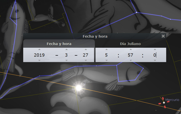Imagen digital que muestra una interfaz de software astronómico con información en un cuadro superpuesto que indica la fecha y hora "2019-3-27 5:57:0" y configuraciones adicionales en un fondo estilizado que incluye representaciones artísticas de cuerpos celestiales y líneas que parecen conectar diferentes puntos. La ilustración incluye representaciones de figuras asociadas con Mazzaroth, con elementos destacados como el "Sol" y "Mercurio" etiquetados visiblemente.