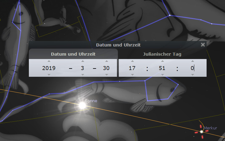 Eine astronomische Softwareanwendung zeigt den Mazzaroth, insbesondere die Sternbilder in Schwarz-Weiß, mit einer unteren Tabelle für Datum und Uhrzeit sowie den Julianischen Tag für den 30. März 2019. Sichtbar sind die Hervorhebung von Sonne und Merkur.