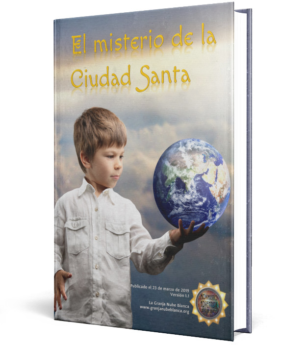 Portada de libro titulado "El misterio de la Ciudad Santa" mostrando a un niño sosteniendo un globo terráqueo iluminado. El fondo parece representar el cielo nublado y hay un toque de luz que sugiere un fenómeno celestial.