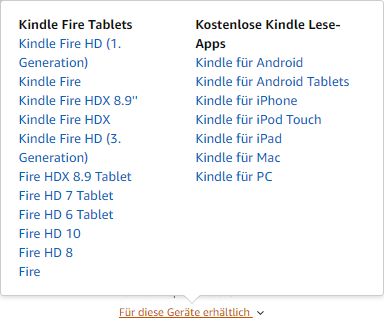 Screenshot zeigt eine Liste der Kindle Fire Tablet-Modelle und kompatible Kindle Lese-Apps aufgelistet in zwei Spalten.