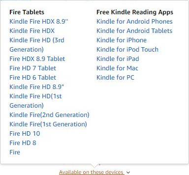 A list displaying various models of Kindle Fire tablets on the left and types of Free Kindle Reading Apps for different devices on the right.