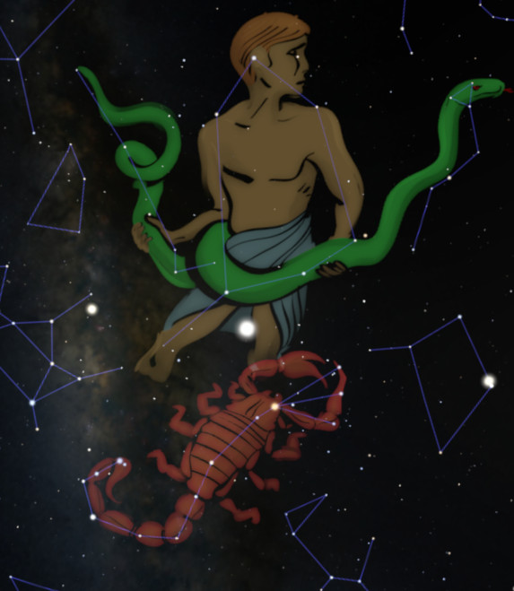 Illustration of a man draped in a blue cloth floating amidst stars with a large green serpent spiraling around him and a red scorpion beneath. Both creatures are connected by faint blue starlit constellations against a dark cosmic background.