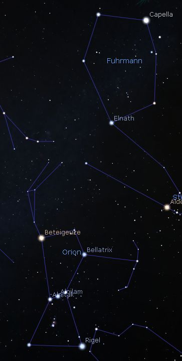Sternenbildkonstellationen am Nachthimmel mit markierten Sternnamen wie Capella, Fuhrmann, Elnath, Betelgeuze, Bellatrix, Aldebaran und Rigel. Strichlinien verbinden einzelne Sterne zu Mustern.