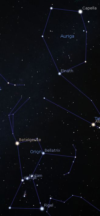 A star map featuring constellations and individual stars including Auriga with Capella and Elnath, along with Orion indicated by stars such as Betelgeuse, Bellatrix, and Rigel. Each constellation is outlined and labeled, set against a backdrop of numerous smaller stars in a dark night sky.