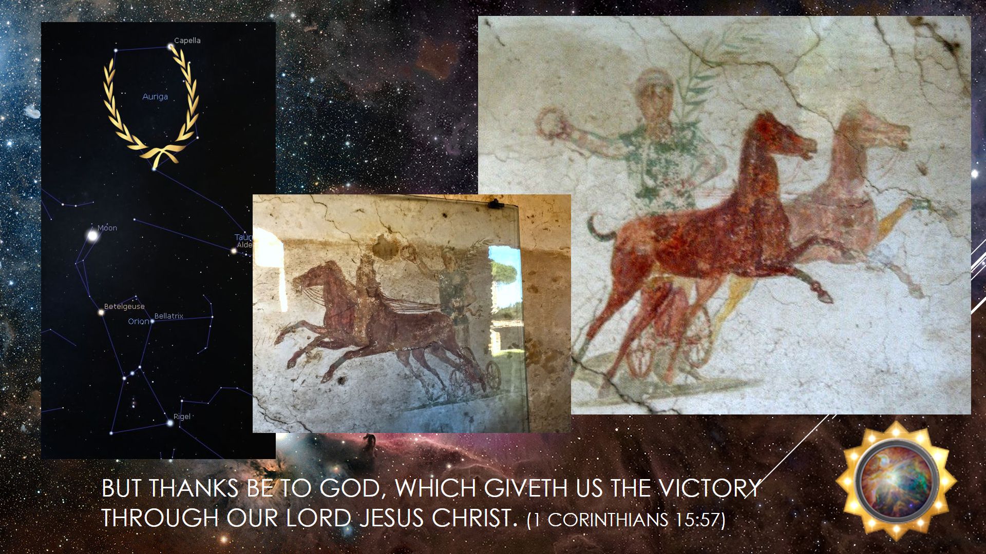 A composite image featuring a star map highlighting constellations such as Orion, a fresco depicting a chariot driver and horses, and a biblical quote from 1 Corinthians 15:57 overlaying a starry background. The right corner includes a symbolic representation overlaid on another celestial image.