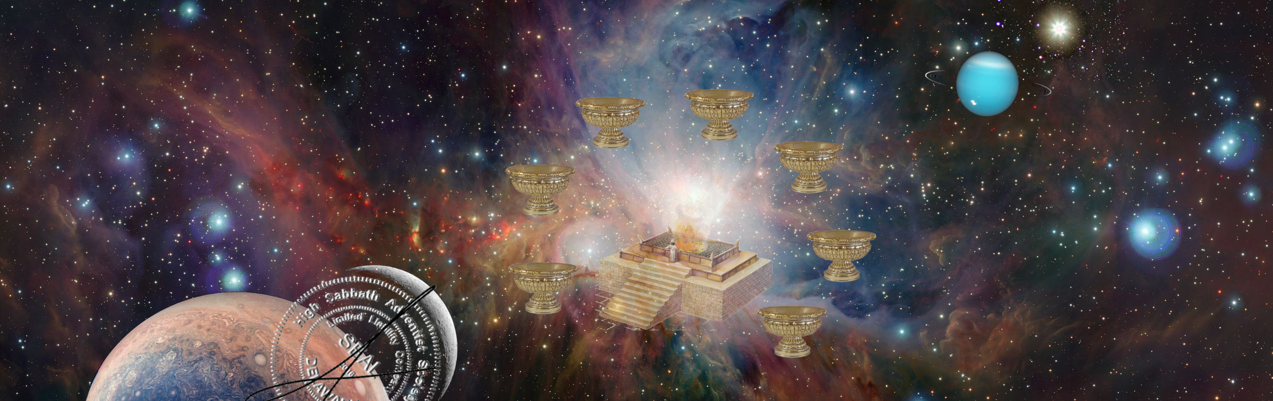 A digitally composed panoramic space scene featuring a distant celestial body resembling a galaxy filled with stars, nebulae, and cosmic dust. Floating near the center are seven ornate gold bowls aligned horizontally. On the left, a planet with swirling cloud patterns suggestive of Jupiter adjoins an object with the appearance of a celestial clock marked with ancient script. On the far right, a serene blue planet with a ring system orbits amid twinkling stars. A radiant light emanates from a pyramid-like structure, highlighting a traditional fiery altar.