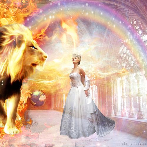 A fantastical scene depicting a woman in a silver gown and crown, standing beside a majestic golden lion under a radiant celestial arch. The background features an intricate, glowing arcade and a vibrant spectrum reminiscent of the Mazzaroth swirling around them.