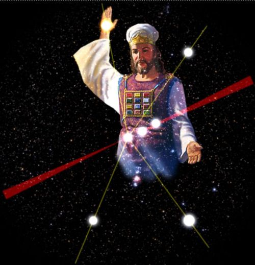 An illustration of a man dressed in ancient ceremonial attire with a high priest's breastplate, standing among stars and constellations. He is raising his right hand as if to address the celestial bodies, depicted against the backdrop of the cosmos.