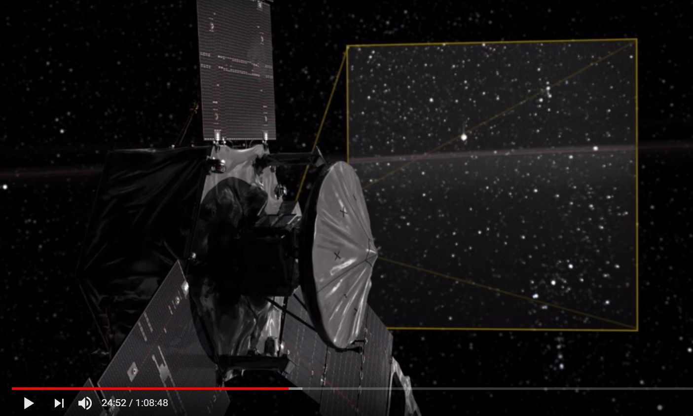 A detailed space satellite with solar panels and equipment faces a section of space highlighted in a yellow square, featuring numerous stars against the dark cosmic backdrop. The scene demonstrates a study or observation related to celestial patterns referenced by the biblical term "Mazzaroth."