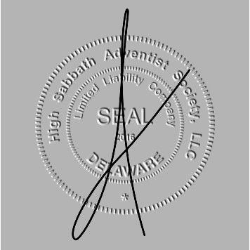A circular seal with text encircling the edge reads "High Shabbath Adventis Society Limited Liability Co." with "Seal, LLC, Delaware, 2016" at the bottom. There is a large black X overlaid on the seal.