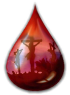 A large drop of water containing a silhouette of a crucifixion scene with three crosses and faint figures against a red and orange backdrop, evoking a celestial theme reminiscent of the biblical Mazzaroth.