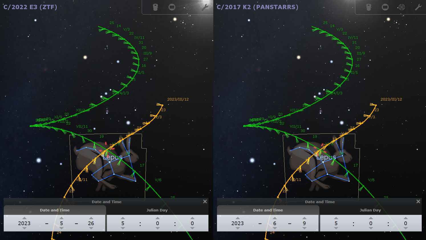 Two screenshots of a celestial simulation tool displaying the trajectory paths of comets C/2022 E3 (ZTF) and C/2017 K2 (PANSTARRS) against a starry background. The paths are marked with green and yellow lines showing their respective positions during different dates in 2023. Below each image, dashboard displays with date and Julian day settings are visible.