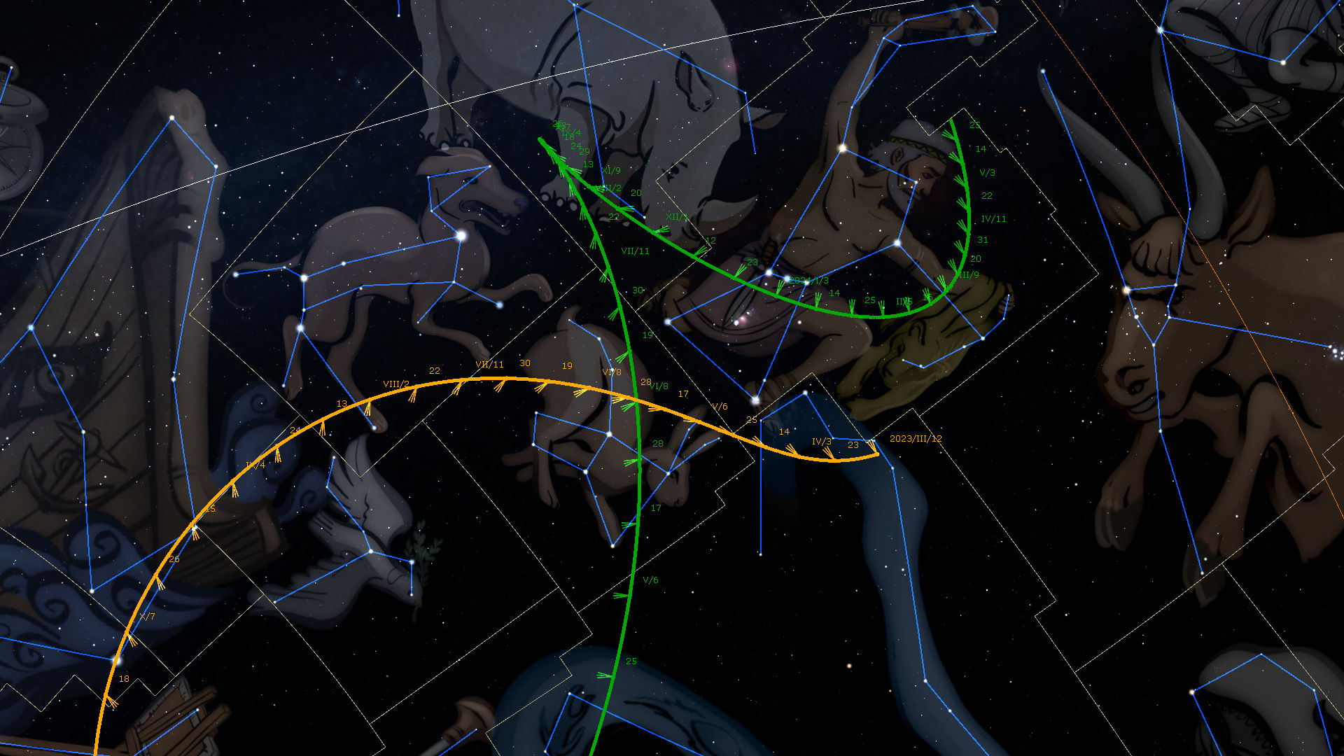 A detailed digital illustration of the night sky with several clusters of stars connected by lines to form outlined figures, reminiscent of ancient constellations in the Mazzaroth. The figures include a bull, a pair of scales, and a lion among others, set against a dark star-filled backdrop. Colored lines and numeric annotations highlight celestial continuities and coordinates.