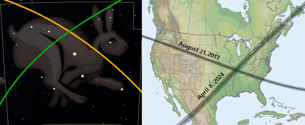 Split image with the left side depicting a constellation in the shape of a rabbit against a dark starlit sky, intersected by two diagonal lines, and the right side showing a map of North America with two black lines crossing to mark significant dates in 2017 and 2024.
