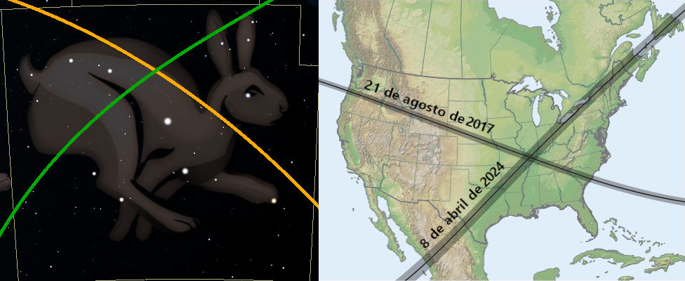 Imagen dividida en dos partes. En la sección izquierda, una representación gráfica de un conejo compuesto por estrellas en el espacio celeste, con líneas amarillas trazando su forma sobre un fondo estrellado. La parte derecha muestra un mapa de América del Norte con líneas negras marcando fechas específicas de eventos celestiales importantes sobre los Estados Unidos.