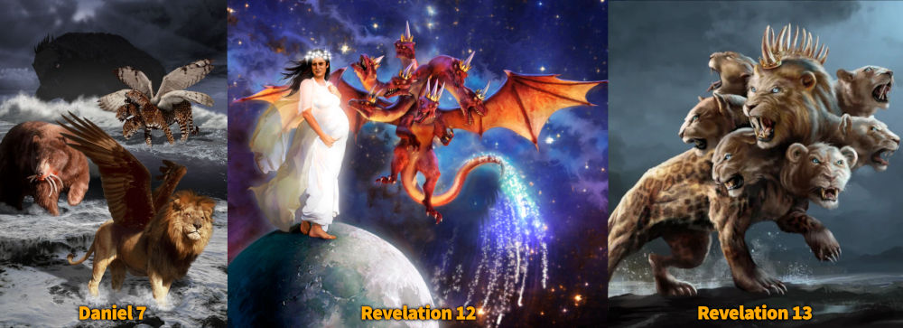 A triptych of artistic interpretations inspired by biblical visions. The first panel depicts multiple fierce creatures merged together, under a stormy sky. The second panel shows a woman clothed with the sun, standing on the moon, and confronting a red seven-headed dragon amidst the stars. The third panel illustrates a fantastical beast with multiple heads, resembling a lion, a bear, and others, arising from a turbulent sea under a cloudy sky.