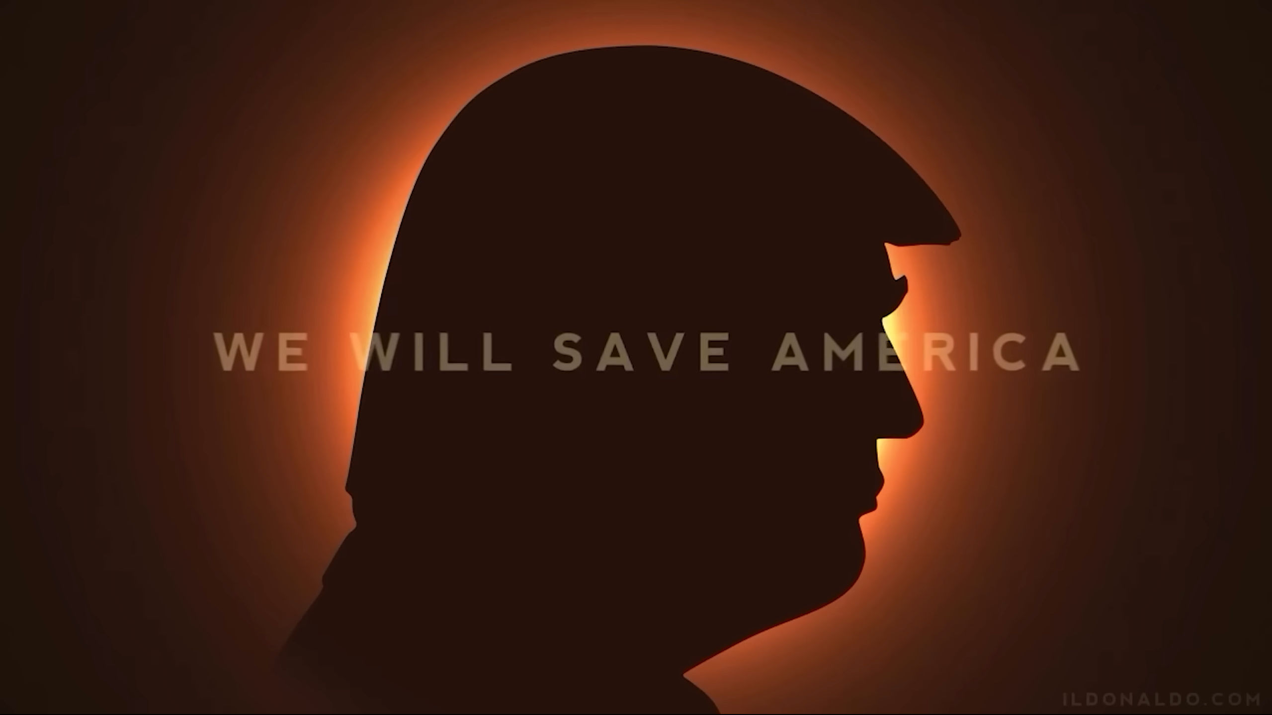 Silhouette of a person's profile set against a warm, glowing backdrop reminiscent of the sun's corona during an eclipse, with the phrase "We Will Save America" displayed in block letters.