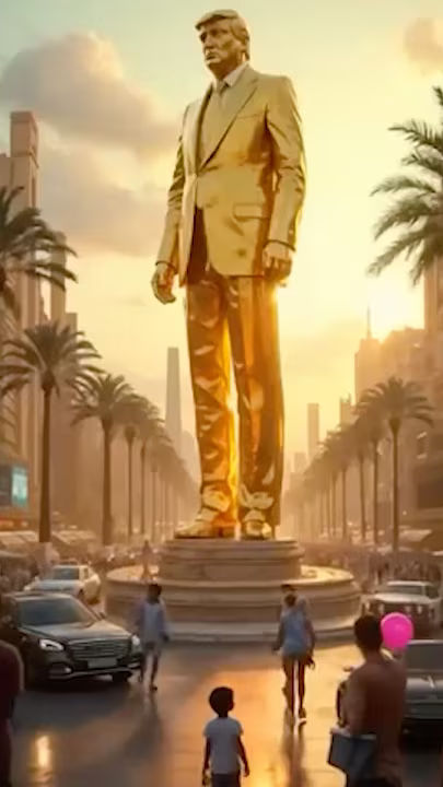 A large golden statue of a man in a suit stands prominently at the center of a bustling boulevard, flanked by rows of palm trees and modern vehicles under a sunset sky.