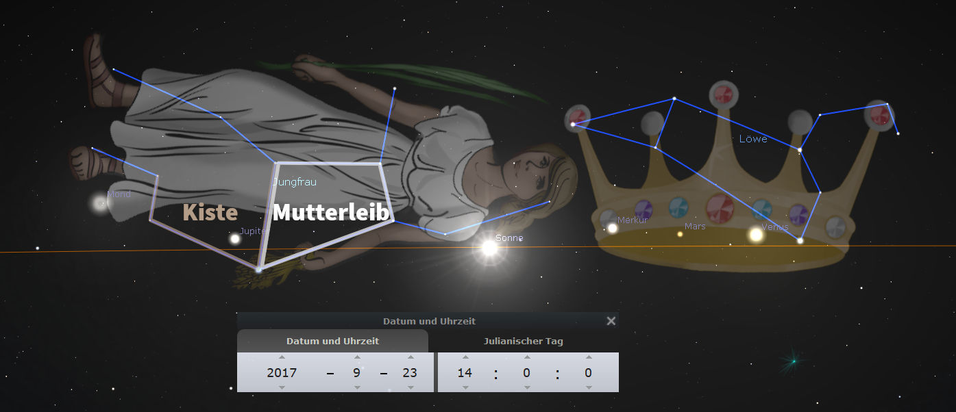 Eine detaillierte Darstellung des Sternenhimmels mit Planetenpositionen und astronomischen Sternbildern einschließlich Verbindungen, die Figuren wie eine liegende Frau und eine Krone formen. Markierungen auf wichtigen Sternen zeigen die Namen und Orte von Merkur, Jupiter, Mars, Sonne und Venus. Im Vordergrund eine Datums- und Uhrzeiteinstellung, die auf den 23. September 2017, 14:00 Uhr, festgelegt ist.