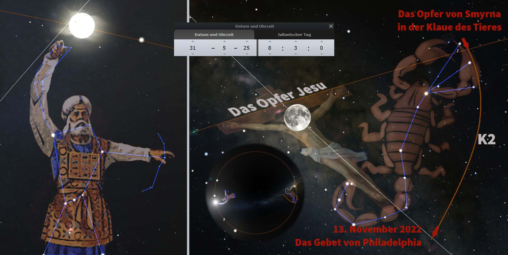 Eine Darstellung des Sternenhimmels mit zwei figural skizzierten Konstellationen, verbunden mit Linien, die sie hervorheben. Auf der linken Seite steht eine Figur, die wie ein Krieger aussieht, mit einem ausgestreckten Arm zur Sonne hin. Rechts ist ein skorpionähnliches Wesen zu sehen. Verschiedene Textelemente auf Deutsch geben biblische Bezüge und Datumsangaben an. Der Hintergrund zeigt eine detaillierte Sternenkarte mit dem Mond, Sternen und einem Diagramm, das Himmelsbahnen zeigt.