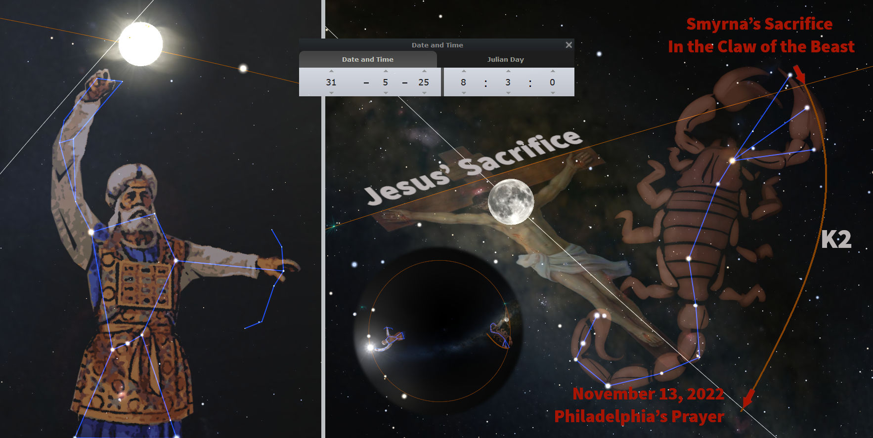 A digital composite image depicting astronomical scenes linked with biblical symbolism. On the left, a stylized figure resembling an ancient warrior draws a bow depicted by lines of stars, pointing towards a bright celestial body. In the center, a depiction of a cross overlaying a figure, labeled 'Jesus' Sacrifice,' set against a backdrop of the Moon and stars, accompanied by a digital overlay showing a date and time setting. On the right, a figure representing a creature with numerous arms and a scorpion-like tail is outlined with stars, labeled with annotations such as 'Smyrna's Sacrifice' and 'In the Claw of the Beast', near a star called "K2."