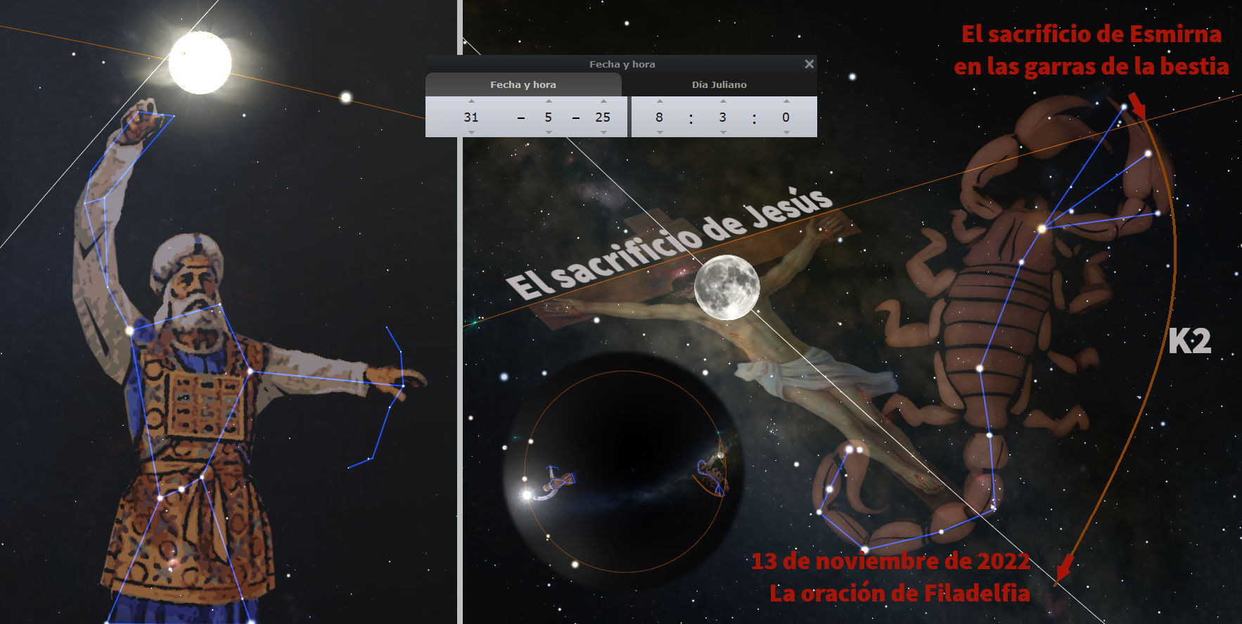 Imagen compuesta que muestra una representación celestial con figuras estelares conectadas por líneas azules sobre un fondo de espacio. A la izquierda, una figura de un hombre barbudo vestido con armadura apunta hacia una estrella brillante. A la derecha, una figura de un escorpión grande. En el centro, una representación artística de Jesús en una cruz con la luna al fondo, y textos referentes a fechas y eventos bíblicos significativos.