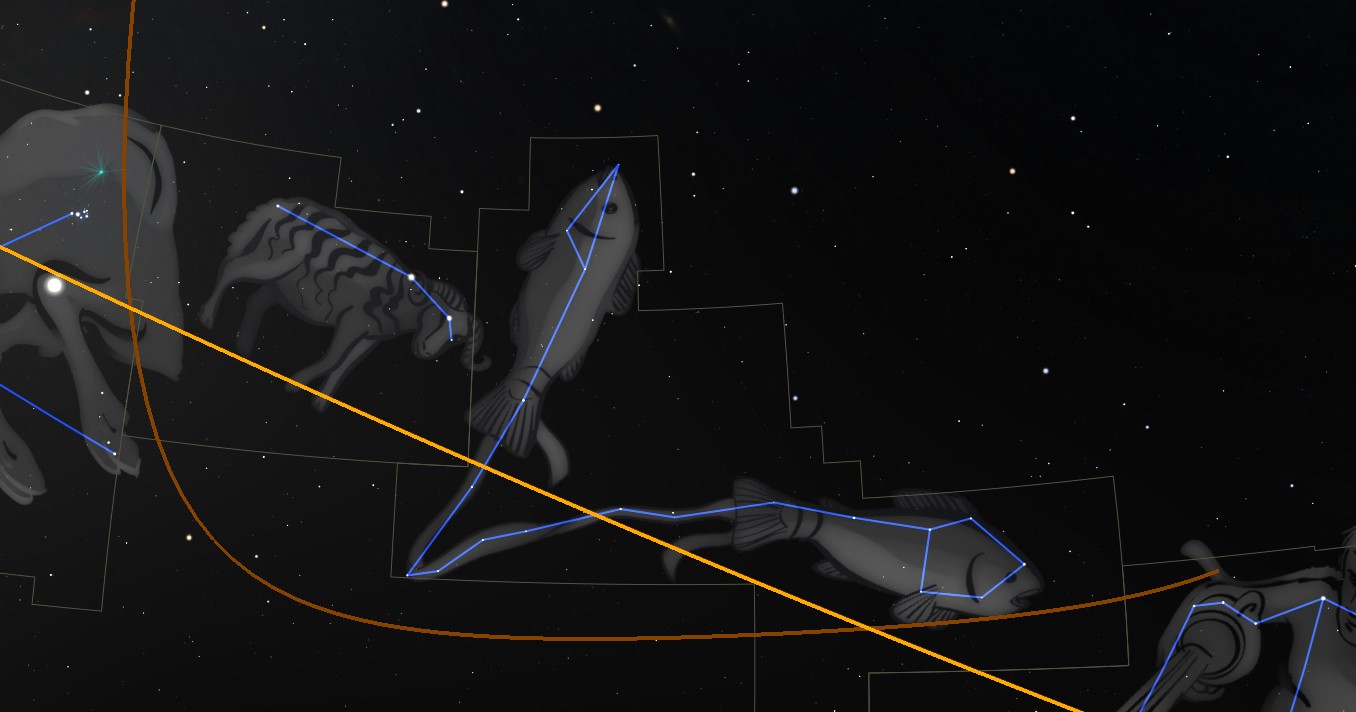 A digital depiction of the night sky featuring constellations, highlighted by blue outlines and connected by bright lines, against a backdrop of numerous stars. A prominent yellow line intersects the image, possibly indicating a celestial path or astronomical alignment.