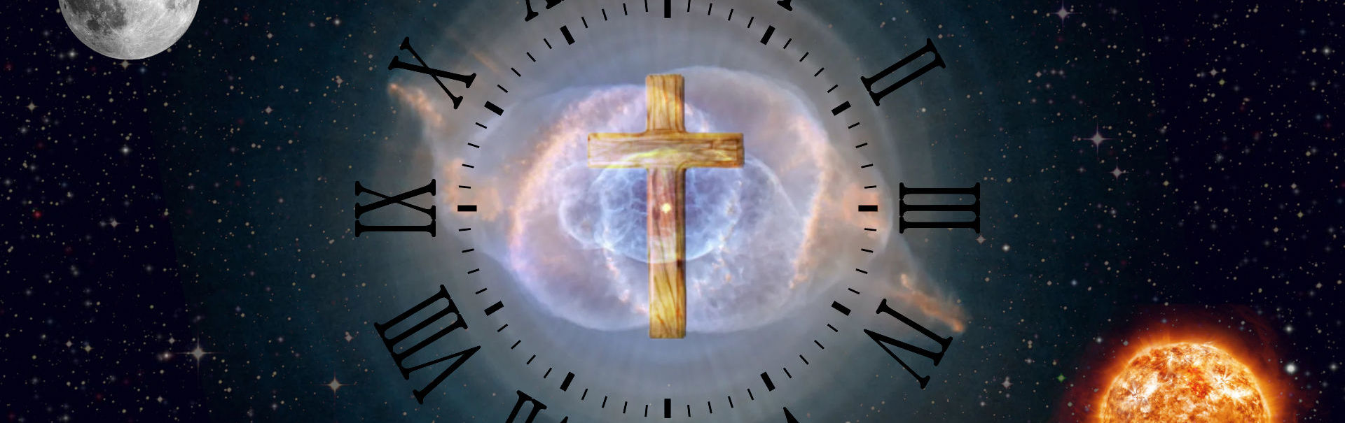 A panoramic celestial scene featuring an illuminated cross centered within a circular array of symbolic markers resembling a Mazzaroth. Flanked by the Moon on the left and the Sun towards the right, set against a backdrop of a starry night sky and cosmic nebulae.