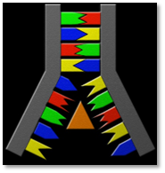A stylized graphic featuring a symmetrical arrangement of a twin pillar structure in gray, framing a series of colorful geometric shapes, including triangles in red, green, blue, and yellow. The arrangement creates a sense of balance and is suggestive of classical elements.