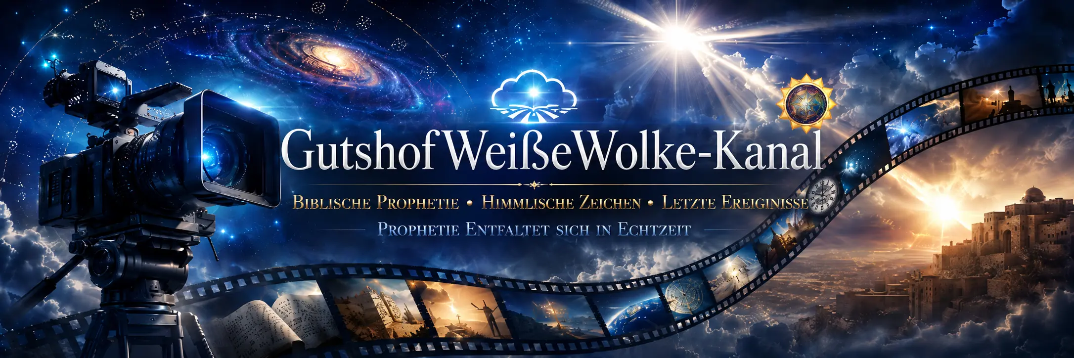 Eine künstlerische Darstellung eines Filmkameras vor einem spektakulären Hintergrund aus Galaxien und Sternen. Auf der linken Seite sind Filmstreifen mit Bildern biblischer Stätten und historischen Symbolen zu sehen. Der Text 'Gutshof WeißWolke-Kanal' und 'Biblische Prophezeiung • Himmlische Zeichen • Letzte Ereignisse • Prophezeiung entfaltet sich in Echtzeit' sind prominent abgebildet.