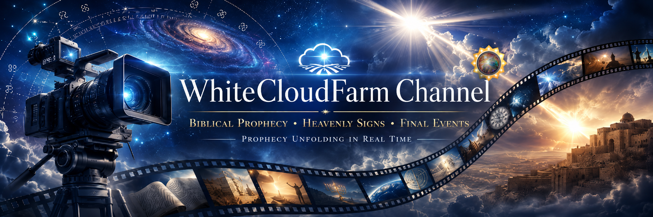 **** A stylized image featuring a professional video camera with a large lens, set against a cosmic background filled with galaxies and stars. The upper part includes symbols associated with celestial objects and the term “Pleiades.” The lower section displays a film reel with images depicting biblical events, ancient texts, and a historical structure under a luminous sky. Text on the image reads “WhiteCloudFarm Channel” along with phrases like “Biblical Prophecy,” “Heavenly Signs,” and “Final Events.”