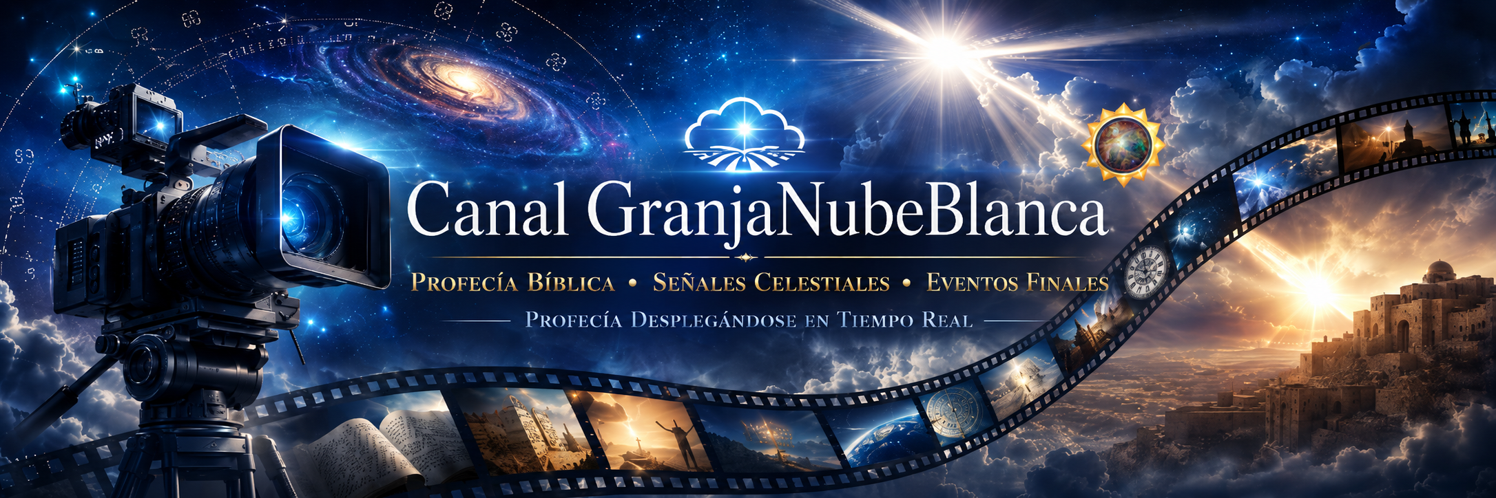 **** Imagen de un fondo espacial con un cielo estrellado y una galaxia. En primer plano, hay una cámara de video en un trípode. La parte superior de la imagen presenta el texto “Canal GranjaNubeBlanca” junto con “Profecía Bíblica, Señales Celestiales, Eventos Finales”, y una cinta de película que muestra imágenes de un libro antiguo, paisajes y un atardecer.