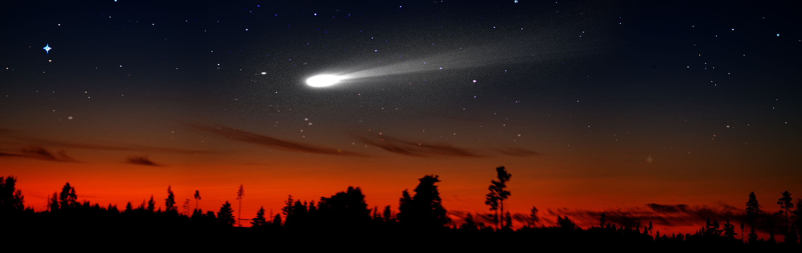 A serene nocturnal landscape showcases a bright comet streaking across a star-studded sky, above a horizon painted with deep orange hues and silhouetted evergreens.