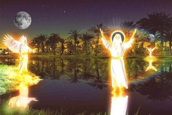 A celestial-themed illustration featuring three glowing figures with halos, represented near a tranquil body of water reflecting their light under a night sky adorned with a full moon and twinkling stars amidst palm trees.