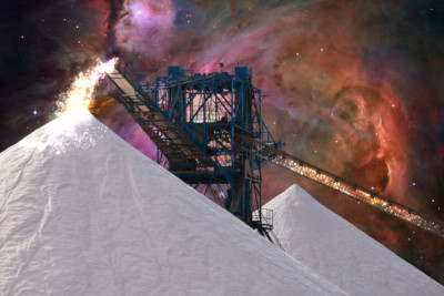 An industrial salt pile under a vivid night sky illuminated with nebulae and stars, with an intricate metal structure foregrounded against the cosmic backdrop.