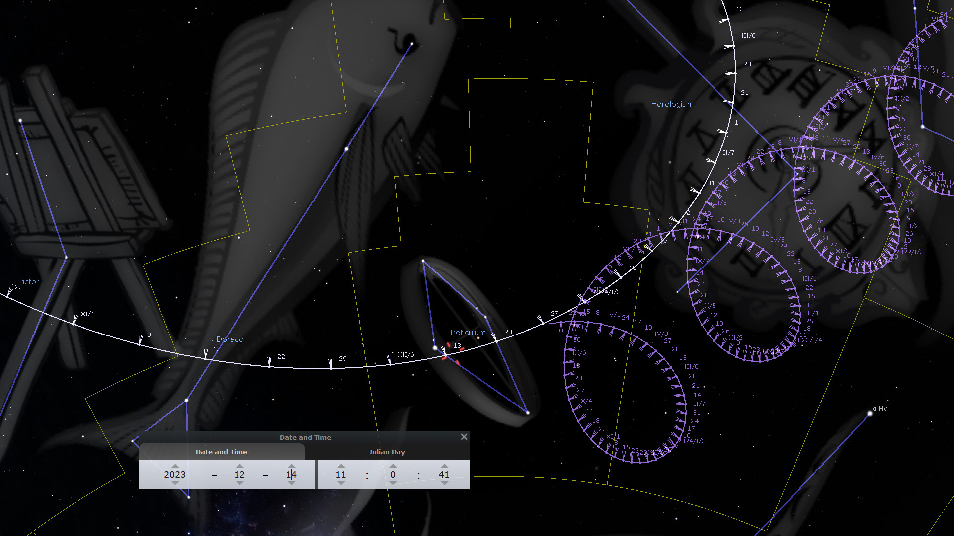 A digital astronomical observatory interface displaying constellations and celestial coordinates against a starry sky. Notable features include a telescope structure in the foreground and multiple outlined constellations, with labels such as "Dorado" and "Reticulum." A spiral graphical representation crosses the image overlaying the constellations, and numerical data related to celestial mapping is visible. A date and time indicator at the bottom shows the current settings for observation.