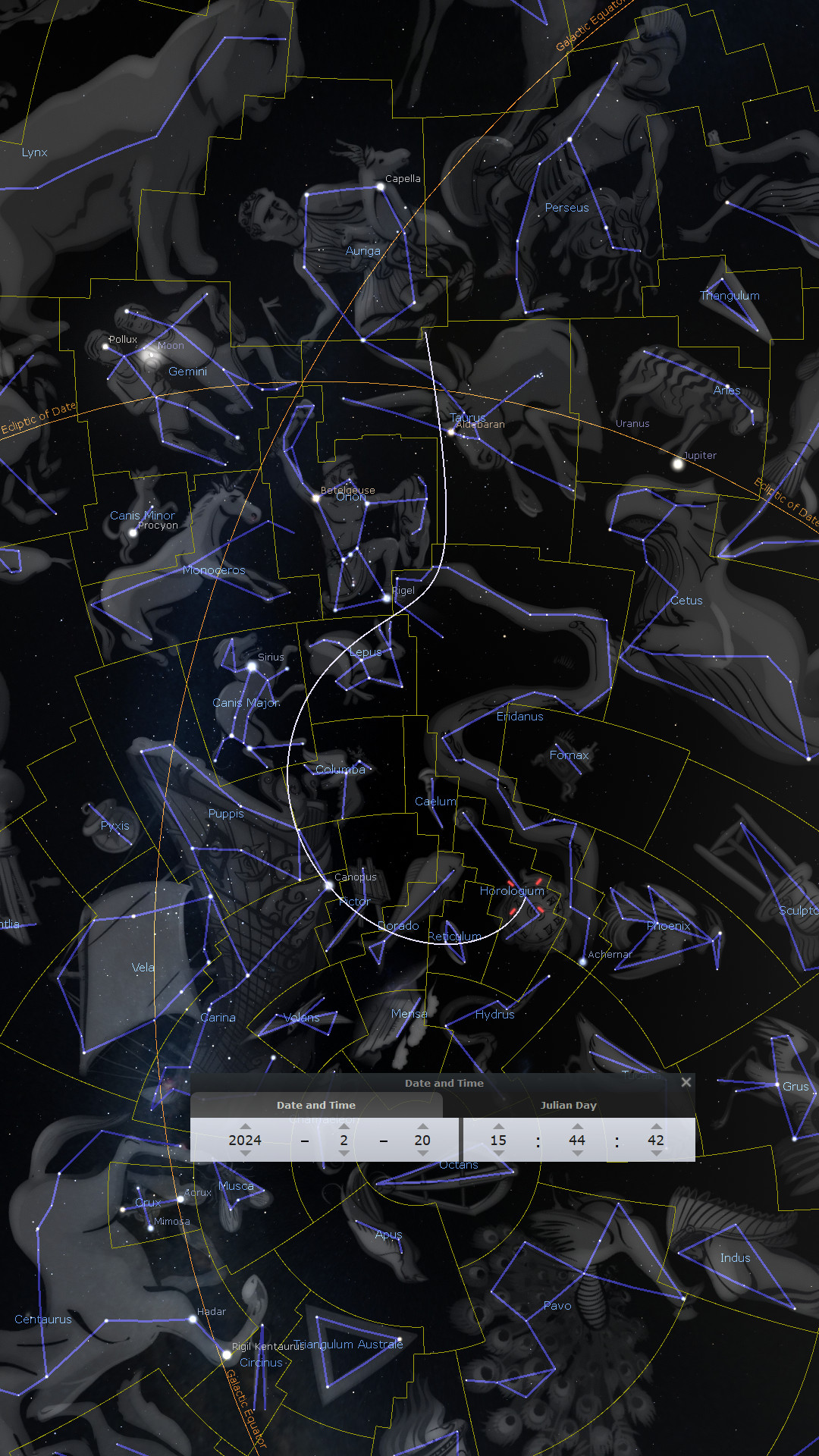A detailed digital star map depicting various constellations against a dark space background. The constellations are illustrated with artistic representations, including mythical and natural figures outlined in blue, with names like Auriga, Gemini, and Cetus labeled in white. Prominent stars like Sirius and Betelgeuse are also highlighted. A user interface at the bottom displays the date and Julian day.