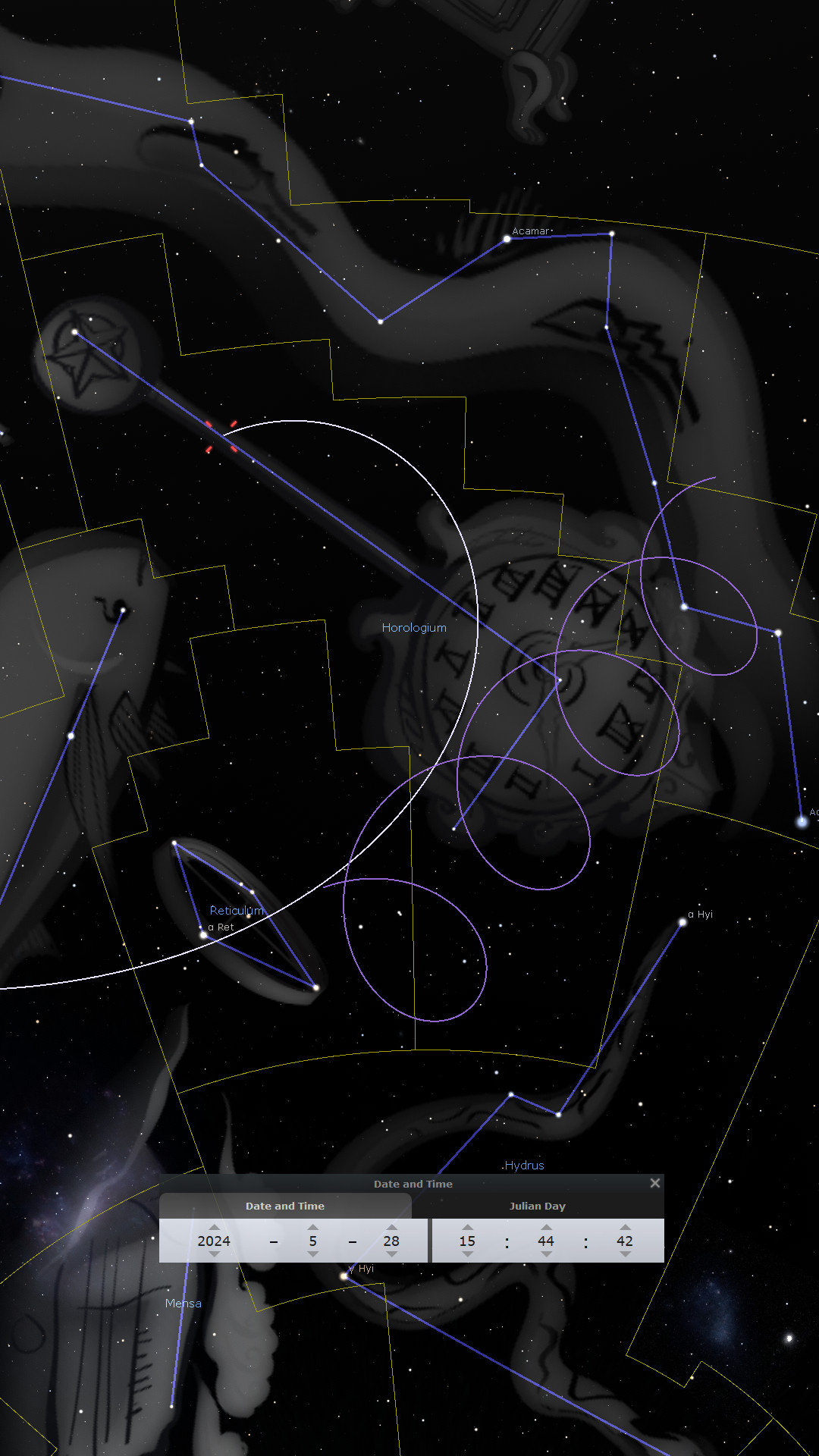A detailed celestial star chart displaying various constellations connected by lines against a black starry background. Notable elements include celestial entities such as Reticulum and Horologium. A graphical user interface at the bottom shows a date and time setting of May 28, 2024, 15:44:42 Julian Day.